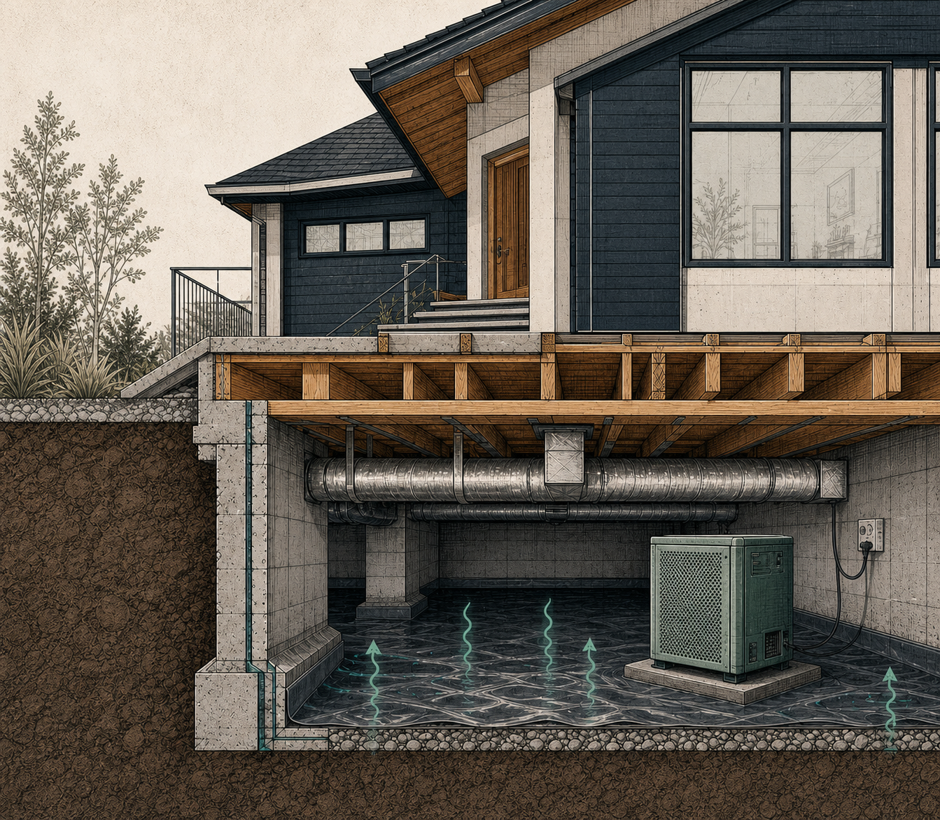 Architectural cutaway showing a house, crawl-space moisture and a dehumidifier